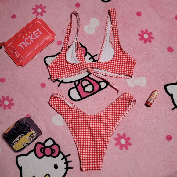 Zaful Swim Gingham Bikini Red White Women's Size 4 S Small High Rise Tied Bow - Picture 5 of 6